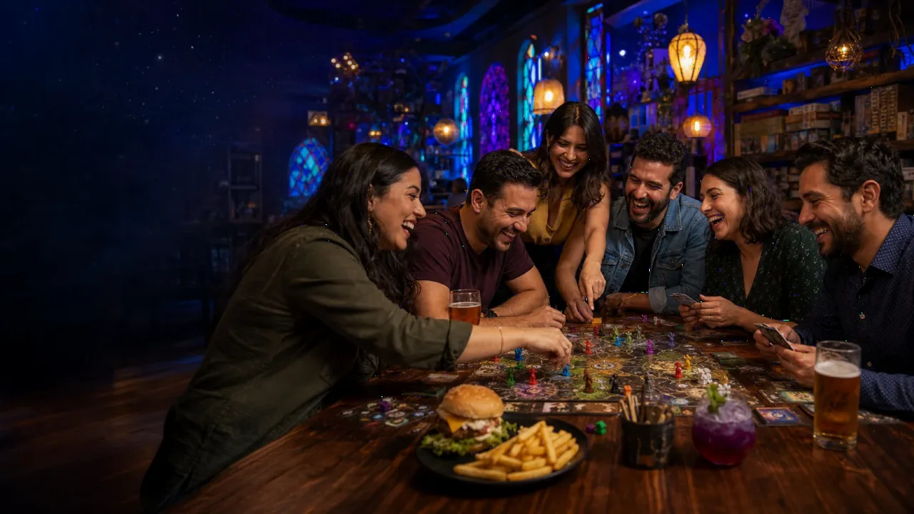 Grupo de amigos riendo alrededor de una mesa con un juego de mesa, hamburguesas y cerveza en Arcano