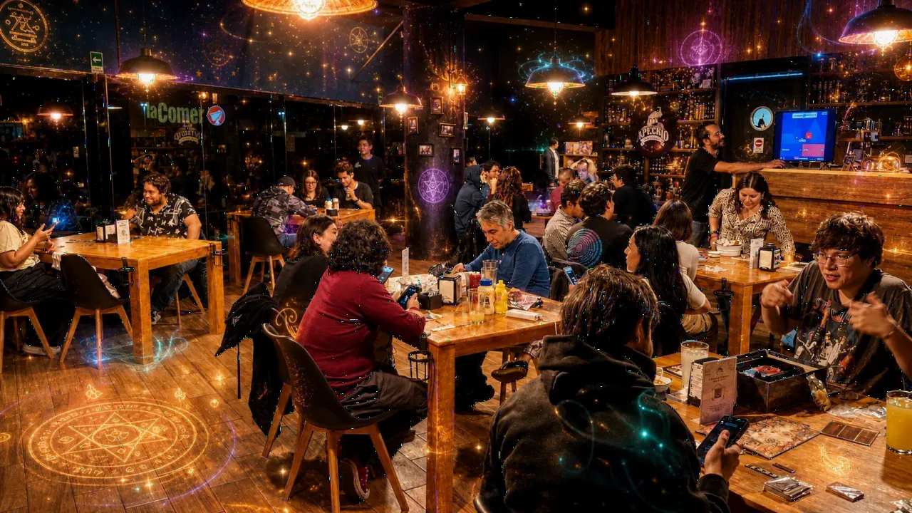 El salón de Arcano lleno: grupos en mesas de madera comiendo, platicando y jugando juegos de mesa, bajo lámparas cálidas y símbolos mágicos